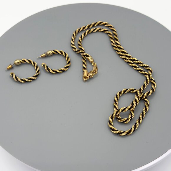 Vtg Avon Gold Toned Rope Chain Black Woven Twisted Necklace Hoop Earrings Set - Picture 8 of 10